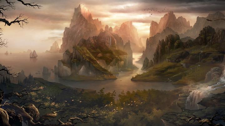 digital art, fantasy art, nature, landscape, water, rock, hills 