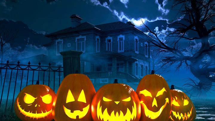 Haunted House With Pumpkins Near Fence HD Happy Halloween Wallpapers 