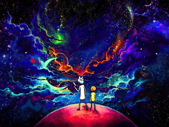 Desktop wallpaper rick and morty, orange-dark space, art, hd image 