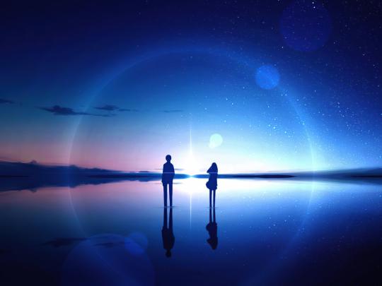 Desktop wallpaper anime, sky, stars, reflection, silhouette, digital 