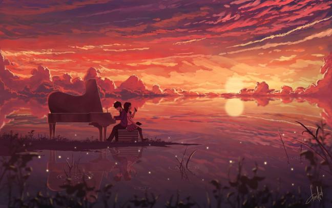 anime, Manga, Artwork, Digital art, Illustration, Couple, Piano 