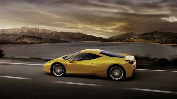 Download Wallpaper 1920x1080 ferrari 458 italia, yellow, car, side view 