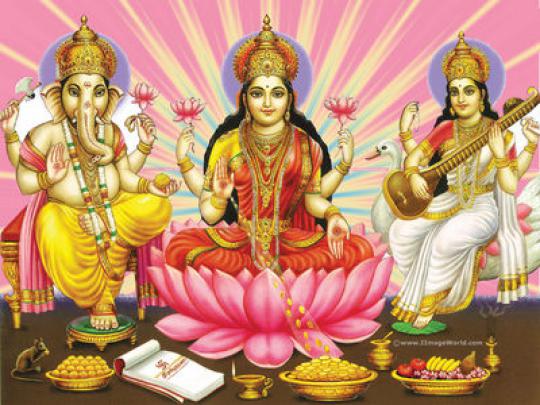 Diwali Greetings Goddess Lakshmi, Saraswati with Lord Ganesha Picture 