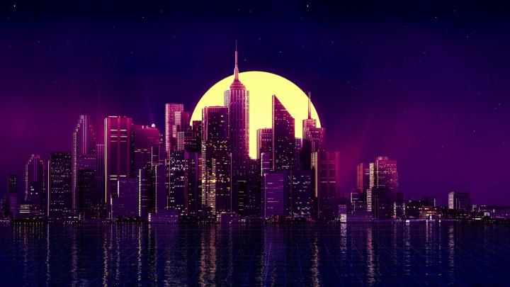 1920x1080 Neon City Buildings Reflection Skycrapper Minimalism 4k 