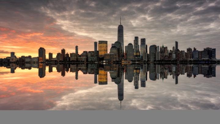 Manhattan Skyline The Most Populated New York City Sunnset Reflection 