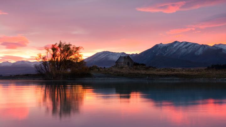 Download Wallpaper 1920x1080 new zealand, sunrise, lake, mountains Full 