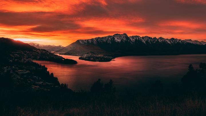 Wallpaper : mountains, sunset, lake, sky, fiery, New Zealand 1920x1080 