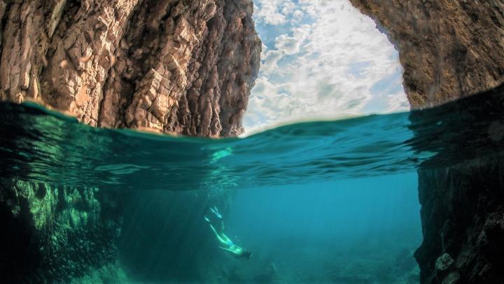 Scuba Diving Under Ocean Cave HD Wallpaper | Background Image | 1920x1080