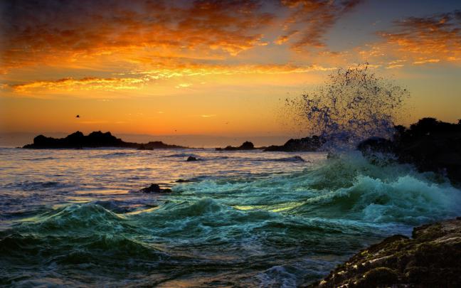 waves, Rock, Ocean, Sunset, Nature Wallpapers HD \/ Desktop and Mobile 