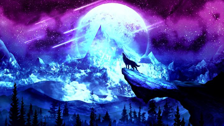 Wallpaper Wolf, Moon, Night, Mountains, Art - Background Wolf (#2855288 