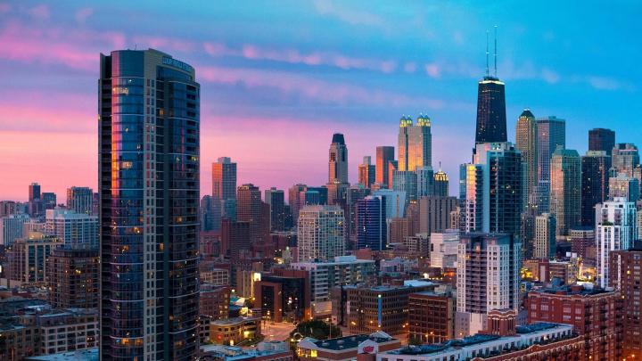 Download wallpaper 1920x1080 city, night, skyscrapers, light, sky full 