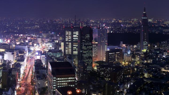 Download Wallpaper 1920x1080 city, night, skyscraper, lilac Full HD 