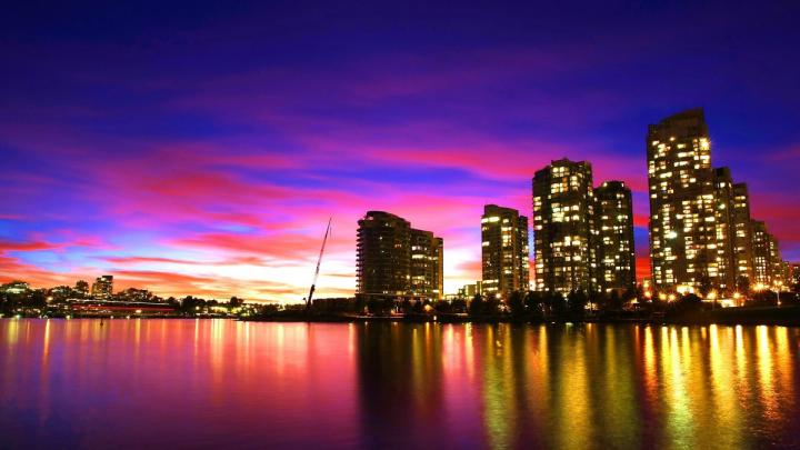 Download Wallpaper 1920x1080 city, vancouver, sunset, purple, water 