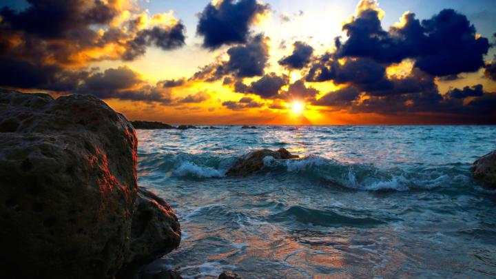 Download Wallpaper 1920x1080 Sea, Surf, Sunset, Stones Full HD 1080p HD 