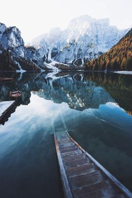 HD wallpaper: lake, boat, snow, mountains, water, nature, trees 
