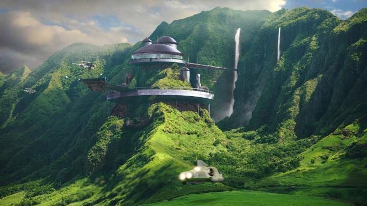 landscape, Futuristic, House, Mountains, Waterfall, Science fiction 