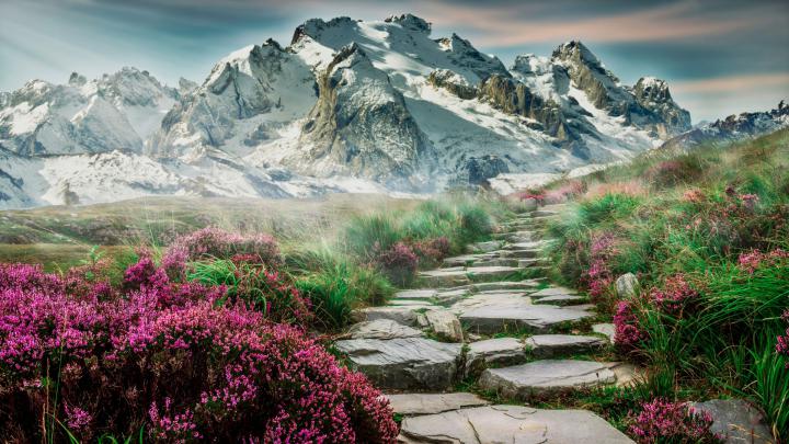Download 1920x1080 wallpaper scenic, spring, mountain, rocks steps 