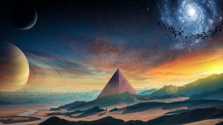 Download 1920x1080 wallpaper planet, fantasy, pyramids, space 
