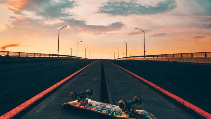 Download 1920x1080 wallpaper skateboard, road, marks, sunset, full hd 