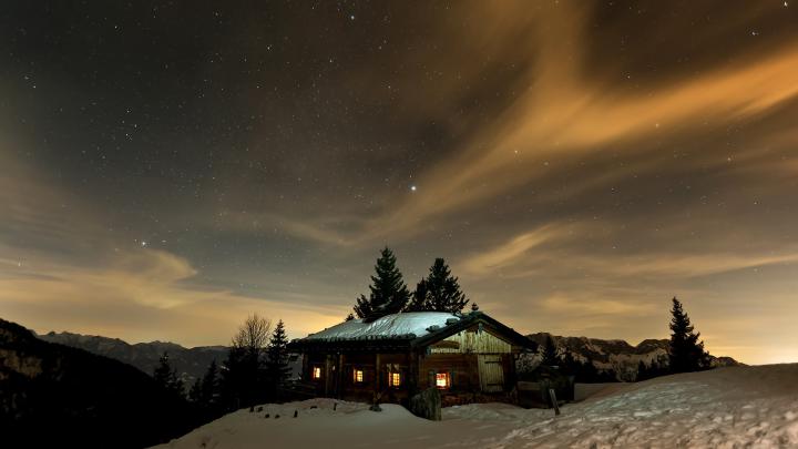 mountains winter night stars skyscapes cottage night sky 1920x1080 